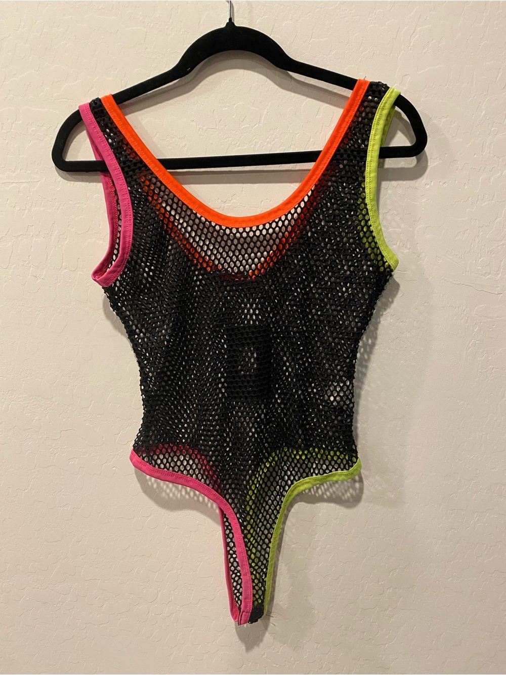 Fashion Nova Black Mesh One-Piece with Neon Trim